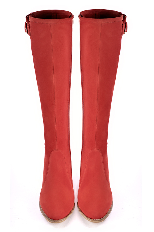 Scarlet red women's knee-high boots with buckles. Round toe. Low leather soles. Made to measure. Top view - Florence KOOIJMAN